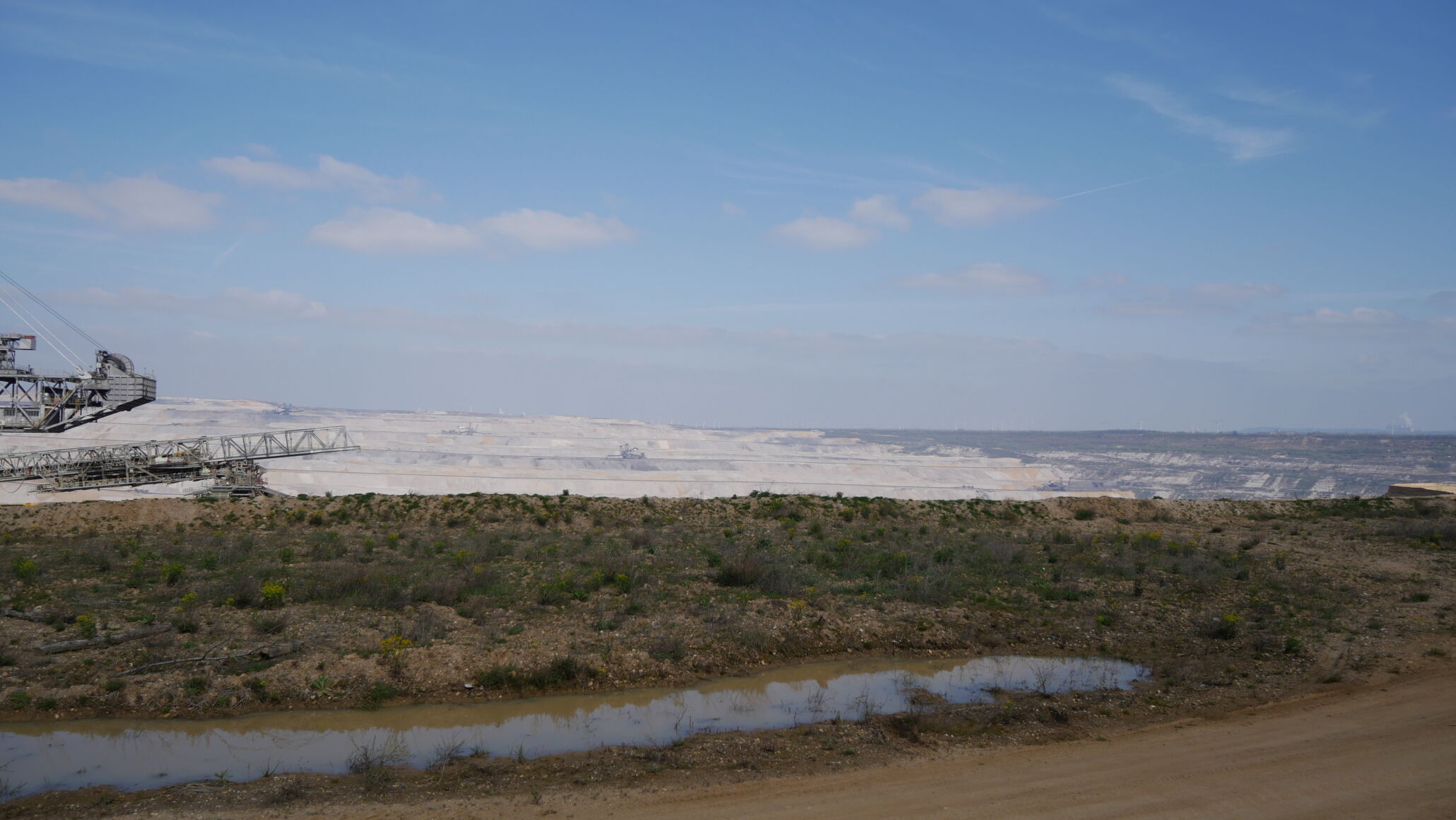 Grass mit Wasser und dem Braunkohle Tagebau von RWE